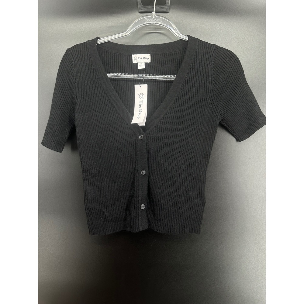 The Drop Akira Cropped Ribbed V-Neck Cardigan Sweater – BLACK -‎ XS